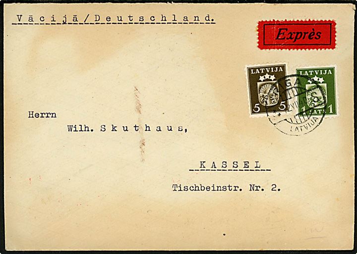 5 s. og 1 l. Våben på ekspresbrev fra Riga d. 12.7.1940 til Kassel, Tyskland. Åbnet af tysk censur i Königsberg.