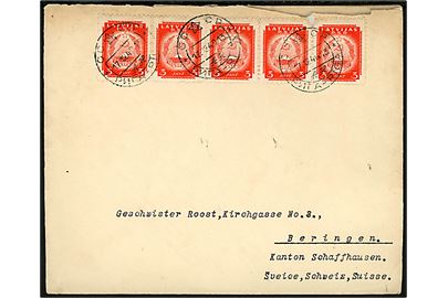 2 s. (10-blok) og 3 s. (to 5-striber) Russisk besættelse på for- og bagside af brev annulleret med 2-sproget stempel SSSR / Riga d. 17.12.1940 til Beringen, Schweiz. Uden tegn på censur.