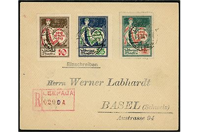 10 kap., 35 kap. og 1 rub. Republik 1. år på filatelistisk anbefalet brev fra Leepaja d. 3.2.1920 til Basel, Schweiz.