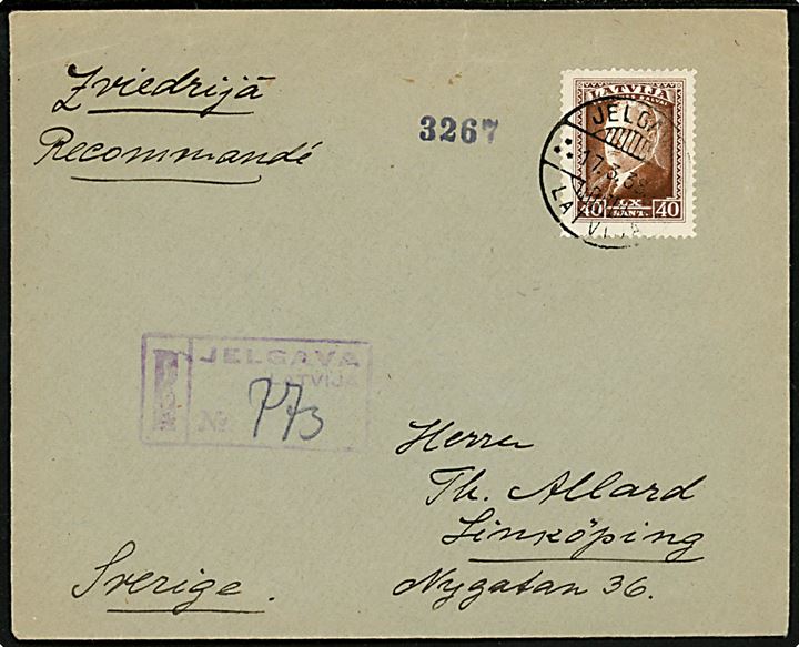 40 s. Ulmanis single på anbefalet brev fra Jelgava d. 17.3.1938 til Linköping, Sverige.