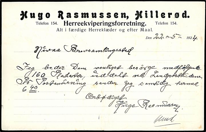 20 øre Chr. X (32) stemplet Nivaa d. 23.4.1924 på 6,40 kr. frankeret kvittering for modtagelse at betaling for omdeling af 160 plakater fra Hugo Rasmussen's Herreekvipering i Hillerød af landpostbudene ved brevsamlingsstedet i Nivaa. 