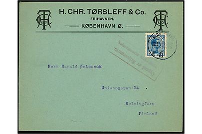 20 øre Chr. X på firmakuvert fra H. Chr. Tørsleff & Co. i Kjøbenhavn d. 19.5.1919 til Helsingfors, Finland. 2-sproget finsk borgerkrigscensur.