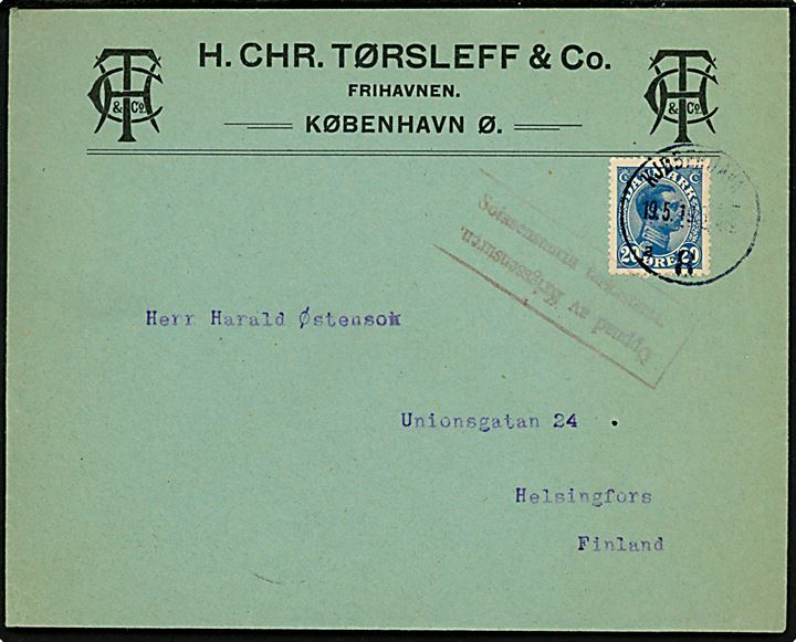 20 øre Chr. X på firmakuvert fra H. Chr. Tørsleff & Co. i Kjøbenhavn d. 19.5.1919 til Helsingfors, Finland. 2-sproget finsk borgerkrigscensur.