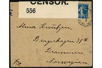 25 c. Såerske på brev annulleret med svagt stempel d. 13.5.1915 til Drammen, Norge. Åbnet af britisk censur no. 556 og ank.stemplet i Drammen d. 19.5.1915.