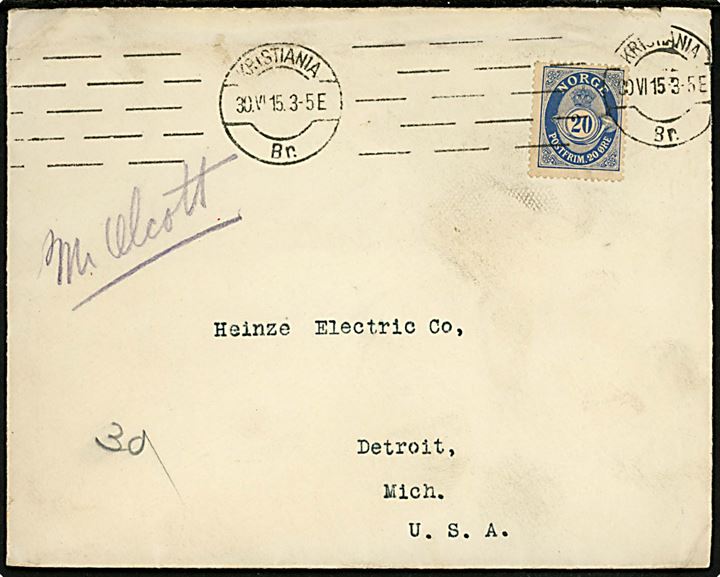 20 øre Posthorn på brev fra Kristiania d. 30.6.1915 til Detroit, USA. Uden tegn på censur.