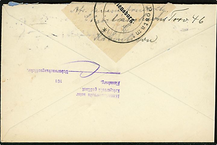 20 øre Chr. X på brev fra Kjøbenhavn d. 27.11.1915 til Christiansfeld, Nordslesvig. Åbnet af tysk censur i Flensburg.