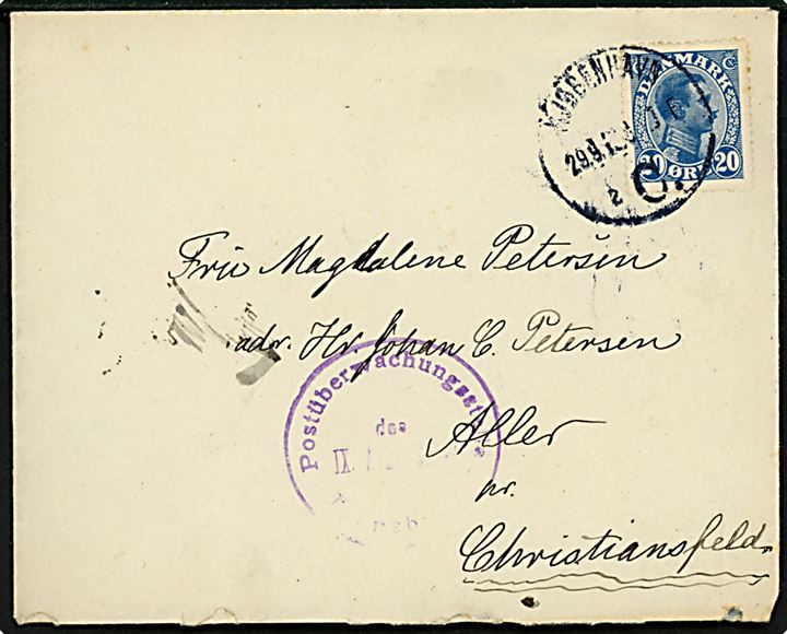 20 øre Chr. X på brev fra Kjøbenhavn d. 29.9.1916 til Aller pr. Christiansfeld. Tysk censur fra Flensburg.