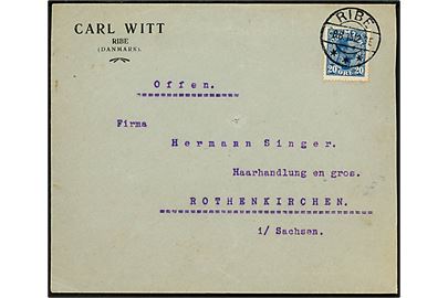 20 øre Chr. X på brev påskrevet Offen (Åben) fra Ribe d. 8.8.1915 til Rothenkirchen, Tyskland. Uden spor efter censur.