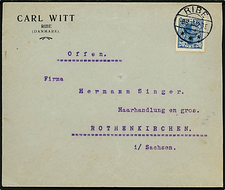 20 øre Chr. X på brev påskrevet Offen (Åben) fra Ribe d. 8.8.1915 til Rothenkirchen, Tyskland. Uden spor efter censur.
