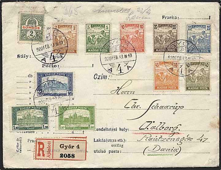 5,04 korona på Rec. brev fra Györ d. 20.2.1913 til Aalborg.