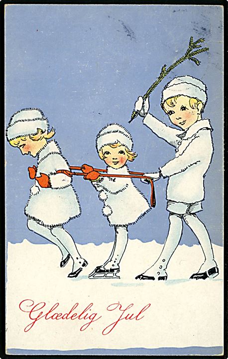 Marie Hjuler: Børn leger i sne. Julekort. A. Vincent serie 605/3.