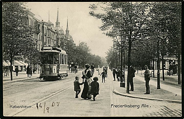Købh., Frederiksberg Allé med sporvogn linie 1 vogn 118. Stenders no. 3175.