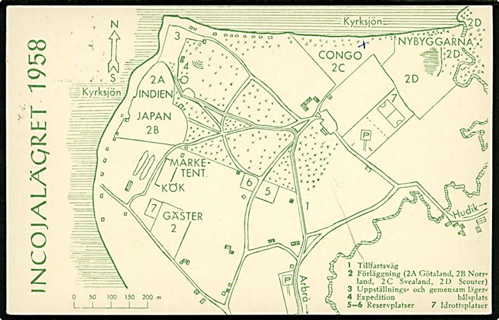 Incojalägret 1958 med landkort over spejderlejr. Sendt fra deltager d. 8.8.1958 og annulelret med spejdersærstempel i Incojalägret til Sala.