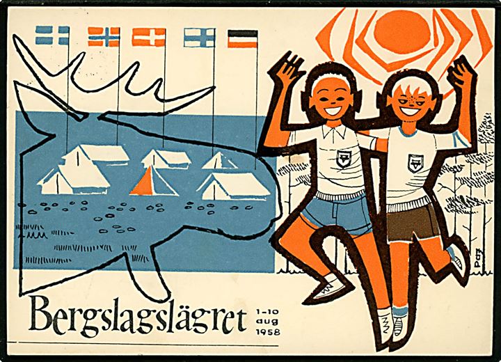 Bergslagslägret 1958. særligt spejderkort sendt fra deltager i KFUMs Triangelpojkförbunds nationallejr ved Sikfors frankeret med 20 öre Gustaf annulleret med bureaustempel PKP 54 (= Falun-DSaglösen-Kil) d. 5.8.1958 til Malmö.