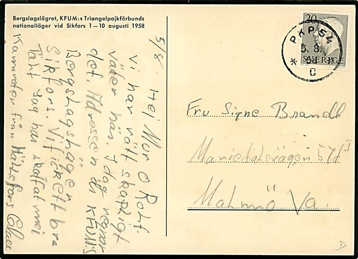 Bergslagslägret 1958. særligt spejderkort sendt fra deltager i KFUMs Triangelpojkförbunds nationallejr ved Sikfors frankeret med 20 öre Gustaf annulleret med bureaustempel PKP 54 (= Falun-Daglösen-Kil) d. 5.8.1958 til Malmö.