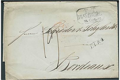 1841. Portobrev fra hamburg med rammestempel T. T. Hamburg d. 30.10.1841 til Bordeaux, Frankrig. Liniestempel T.T.R.4.