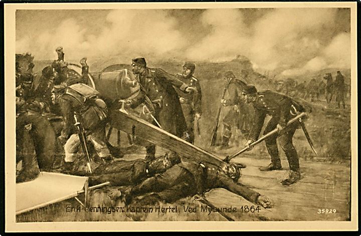 Krigen 1864. Kaptein Hertel ved Mysunde efter maleri af Erik Henningsen. Stenders no. 35929.