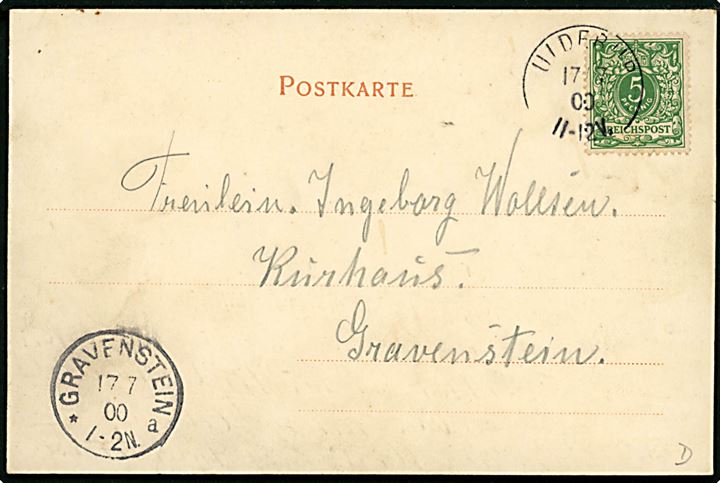 Ullerup, Hilsen fra. Frankeret med 5 pfg. Ciffer annulleret med enrings-stempel ULDERUP d. 17.7.1900 til Gravenstein.