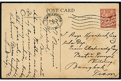 1½d George V på brevkort (R.M.S. Berengaria, Cunard Line) annulleret med skibsstempel Southampton Paquebot d. 9.11.1923 til Bangkok, Siam.