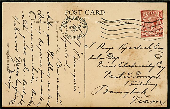 1½d George V på brevkort (R.M.S. Berengaria, Cunard Line) annulleret med skibsstempel Southampton Paquebot d. 9.11.1923 til Bangkok, Siam.