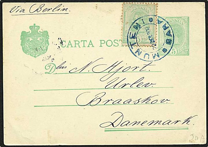 5 bani grøn opfrankeret helsag fra Munteni d. 22.12.1902 til Bråskov.
