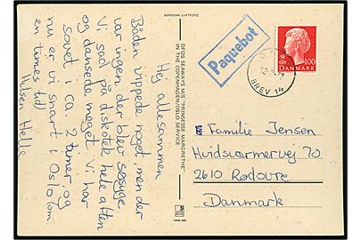 100 øre Margrethe på brevkort (DFDS Oslobåd M/S Prinsesse Margrethe annulleret med norsk stempel i Oslo d. 12.2.1977 og sidestemplet Paquebot til Rødovre, Danmark.