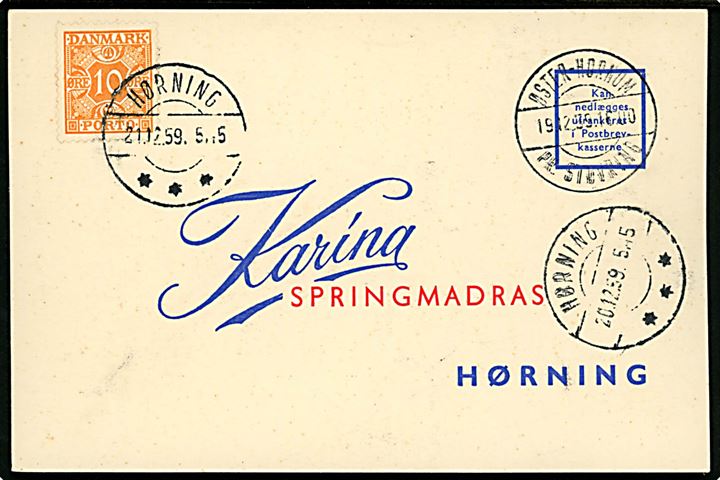 Ufrankeret svar-brevkort med pr.-stempel Øster-Hornum pr. Støvring d. 19.12.1959 til Hørning. Udtakseret i enkeltporto med 10 øre Portomærke stemplet Hørning d. 21.12.1959.