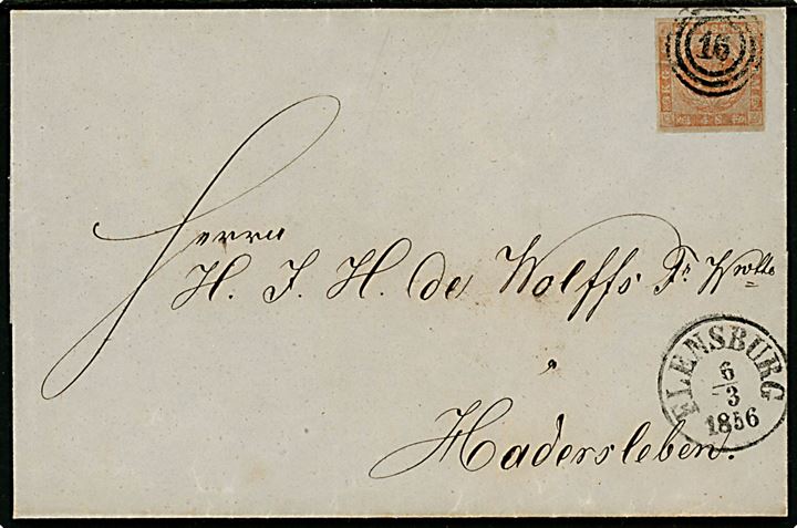 4 sk. 1854 udg. 3. tryk på brev annulleret med nr.stempel 16 og sidestemplet antiqua Flensburg d. 6.3.1856 til Haderslev.