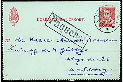 30 øre Fr. IX helsags korrespondancekort (fabr. 106) fra København annulleret Ålborg d. 3.6.1958 og sidestemplet Paquebot til Aalborg.