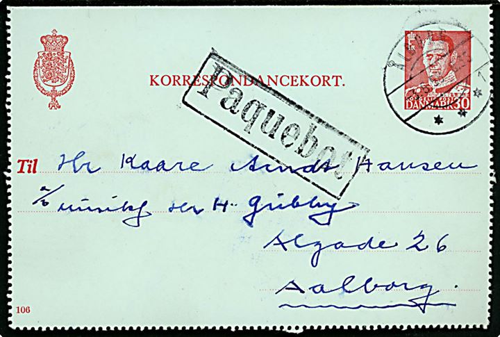 30 øre Fr. IX helsags korrespondancekort (fabr. 106) fra København annulleret Ålborg d. 3.6.1958 og sidestemplet Paquebot til Aalborg.