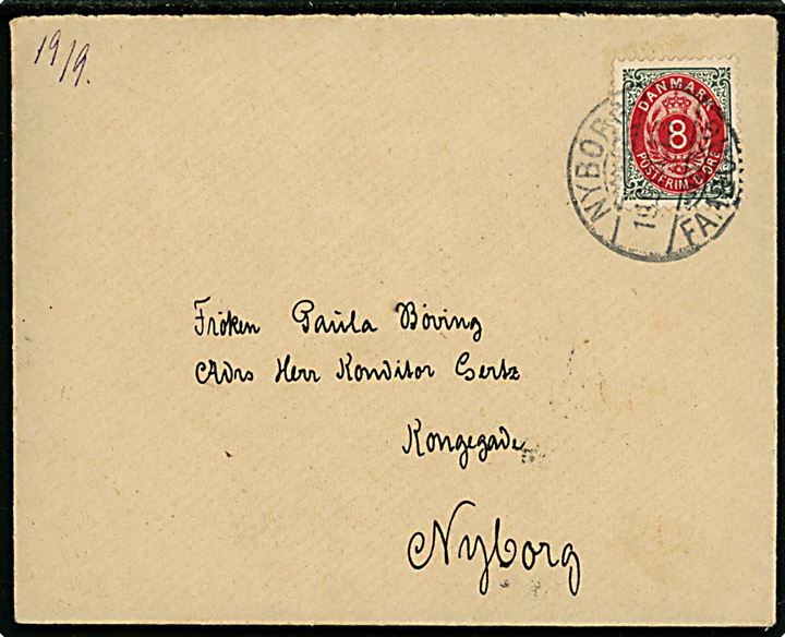 8 øre Tofarvet omv. rm. på brev fra Faaborg annulleret med bureaustempel Nyborg - Faaborg T.3 d. 19.9.1901 til Nyborg.