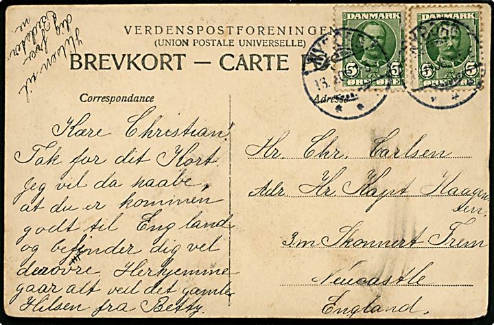 5 øre Fr. VIII (2) på brevkort fra Nyborg d. 13.4.1908 til sømand ombord på 3-mastet skonnert Frem, Newcastle, England.