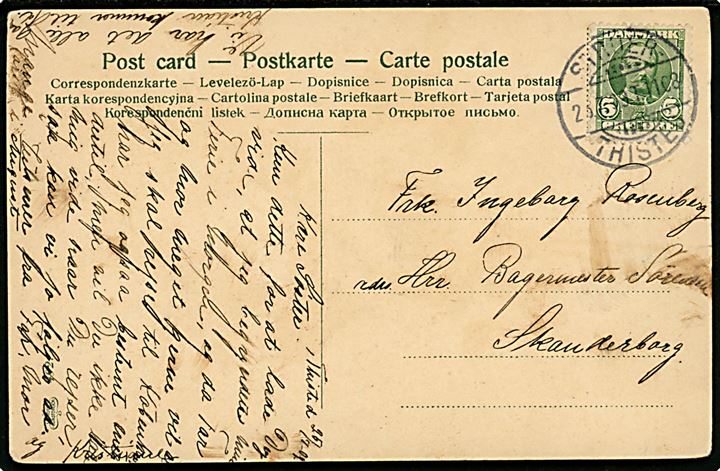 5 øre Fr. VIII på brevkort fra Thisted annulleret med bureaustempel Struer - Thisted T.1108 d. 25.7.1909 til Skanderborg.