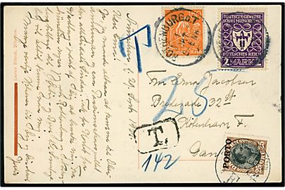 150 pfg. og 2 mk. Infla udg. på underfrankeret brevkort fra Rothenburg d. 1.10.1922 til København. Udtakseret i porto med 25 øre Chr. X Porto-provisorium stemplet Kjøbenhavn d. 3.10.1922.