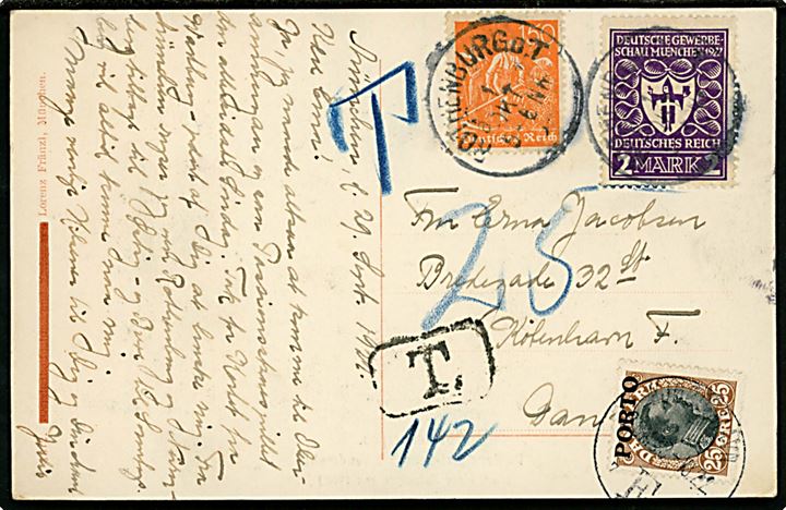 150 pfg. og 2 mk. Infla udg. på underfrankeret brevkort fra Rothenburg d. 1.10.1922 til København. Udtakseret i porto med 25 øre Chr. X Porto-provisorium stemplet Kjøbenhavn d. 3.10.1922.