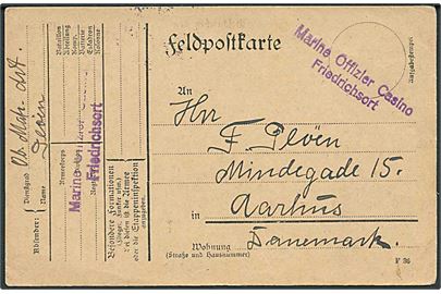 Ufrankeret tysk feltpostkort dateret d. 20.8.1915 til Aarhus, Danmark. Fra Marine Offizier Casino Friedrichsort.