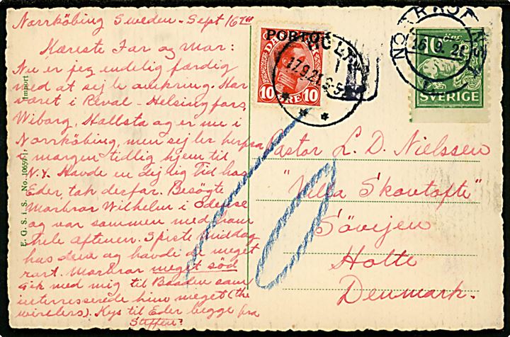 Svensk 10 öre Løve på underfrankeret brevkort fra Norrköping d. 16.9.1921 til Holte, Danmark. Udtakseret i porto med 10 øre Chr. X Porto-provisorium stemplet Holte d. 17.9.1921.