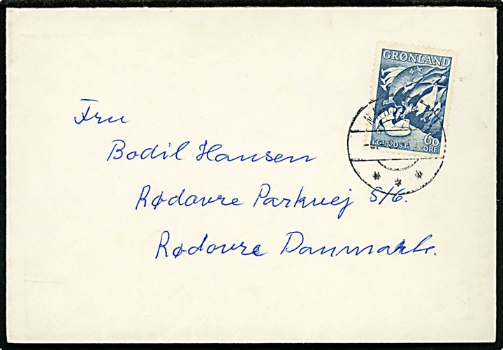 60 øre Havets Moder på brev fra Narssaq d. 9.9.1967 til Rødovre, Danmark.