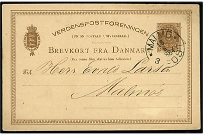 6 øre helsagsbrevkort annulleret med svensk stempel Malmö * 3 Post * d. 18.6.1884 til Malmö, Sverige.