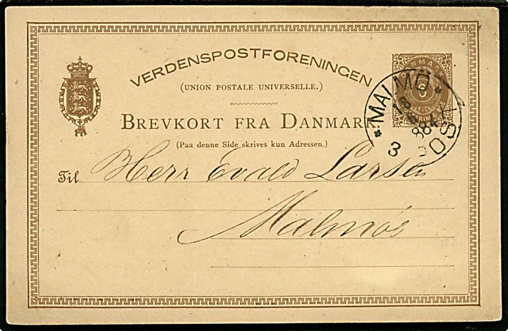 6 øre helsagsbrevkort annulleret med svensk stempel Malmö * 3 Post * d. 18.6.1884 til Malmö, Sverige.