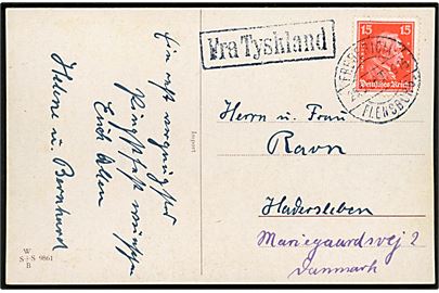 Tysk 15 pfg. på pinsekort annulleret med dansk bureaustempel Fredereicia - Flensborg sn1 T.915 d. 25.5.1928 og sidestemplet Fra Tyskland til Haderslev, Danmark.