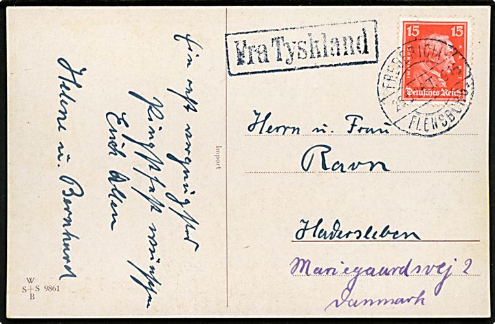Tysk 15 pfg. på pinsekort annulleret med dansk bureaustempel Fredereicia - Flensborg sn1 T.915 d. 25.5.1928 og sidestemplet Fra Tyskland til Haderslev, Danmark.