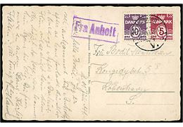 5 øre og 10 øre Bølgelinie på brevkort (Grenaa Havn, Afholdshotellet) dateret d. 11.7.1941 annulleret København V. d. 12.7.1941 og sidestemplet violet Fra Anholt til København. Folder.