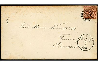 4 sk. 1858 udg. på brev annulleret med nr.stempel 79 og sidestemplet antiqua Vyk d. 14.7.1862 via Flensburg til Randers.