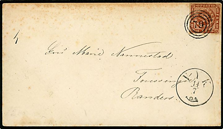4 sk. 1858 udg. på brev annulleret med nr.stempel 79 og sidestemplet antiqua Vyk d. 14.7.1862 via Flensburg til Randers.