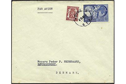 5 franc på luftpostbrev fra Antwerpen d. 16.10.1949 til Nørresundby.