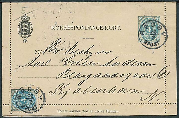 4 øre helsagskorrespondancekort med fuld rand opfrankeret med 4 øre Tofarvet omv. ramme annulleret med lapidar Rødby d. 22.2.1895 til Kjøbenhavn. 
