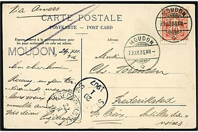 10 c. Våben på brevkort fra Moudon d. 29.12.1906 påskrevet via Anvers til Frederiksted, Str. Croix, Dansk Vestindien. Transit stemplet i St. Thomas d. 20.1.1907 og ank.stemplet Frederiksted d. 21.1.1907.