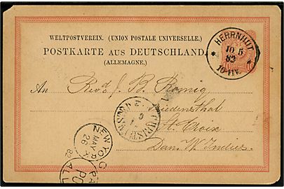 Tysk 10 peg. helsagsbrevkort fra Herrnhut d. 10.5.1882 via New York og St. Thomas og Christiansted til Friedensthal på St. Croix, Dansk Vestindien. Hj. skader.