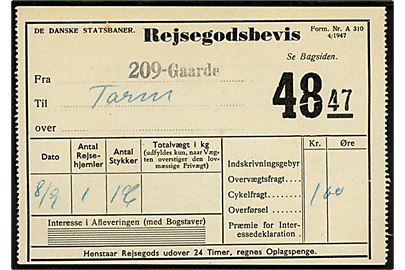 De danske Statsbaner. Rejsegodsbevis - Form. Nr. A 310 4/1947 - for 1 cykel fra Gaarde til Tarm d. 8.9.194?.